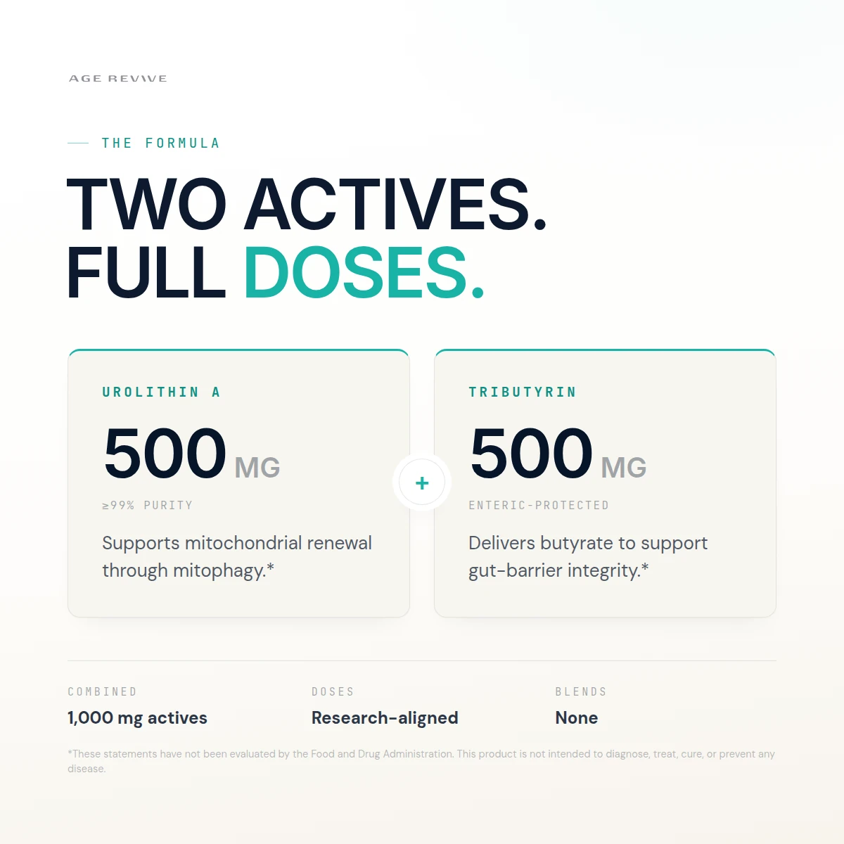 Two actives at 500 mg each — urolithin A plus enteric-coated tributyrin